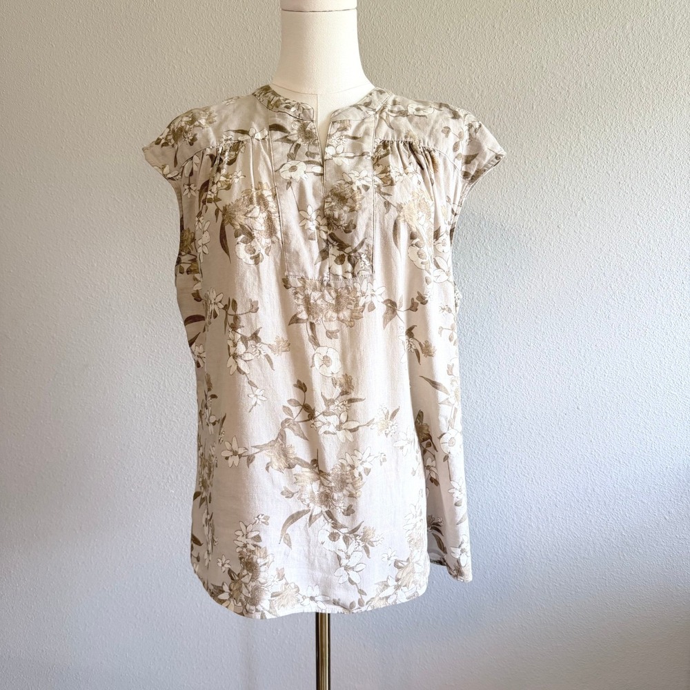 Womens Large‎ Tunic Linen Blend Floral Cap Sleeve Blouse Tan White Split Neck